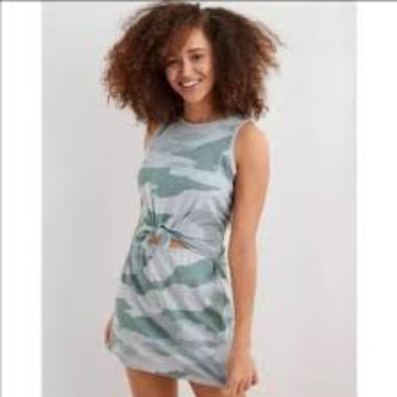 AERIE CAMO CUT OUT FRONT KNOT SHORT SLEEVE DRESS, MEDIUM - Picture 1 of 4